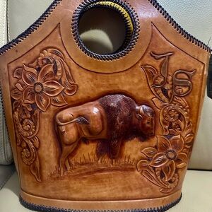 Tan Leather Tote with Tooled Buffalo Design